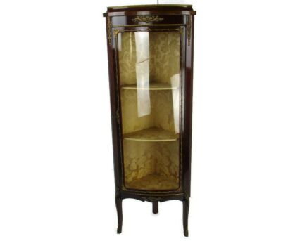 Marquetry Display Case Cabinet Inlay Brass trims French Antique 1920s Stunning
