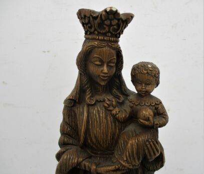 Gothic Statue Virgin Mary Madonna Notre Dame of Protection Dragon Lion Plaster Signed 23.81"