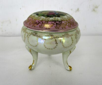 Candy Dish Bowl with Lid Centerpiece Marked Porcelain Tripod Victorian Scene Romantic Lovely