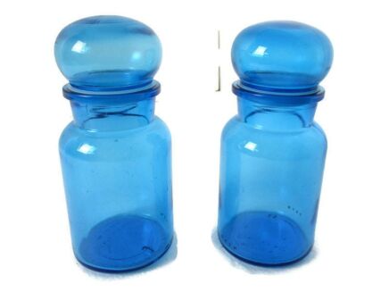 2 Vintage glass containers Bubble Lid Jar Apothecary Bottles Blue Belgium