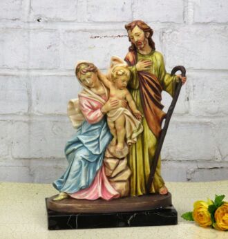 Italian Statue Virgin Mary Holy Family on Marble Base Resin Polychrome Santini