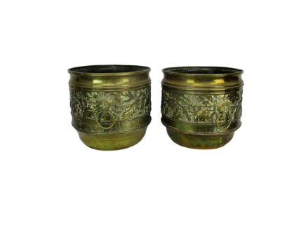 Two Vintage Brass Planters Jardinieres flower pots Ornate Embossed Beautiful