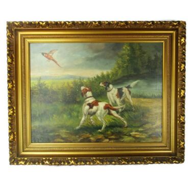 Oil Painting Canvas Framed Gorgeous Frame Signed Del Bove Dogs in Dune Pheasant