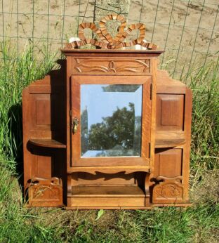 Vintage Medicine Wall Cabinet Apothecary Massive Oak Display Beveled Glass WOW