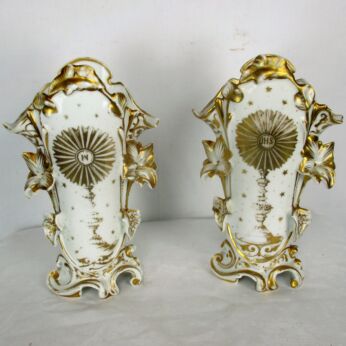 L Couple Antique Vieux Paris Porcelain Fan Flair Vases Church Monstrance Gilded