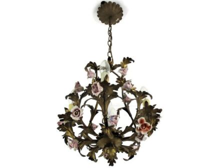 Italian Chandelier 4 arm Lights Ornate Brass Leafs Pink Porcelain Flower Wreath