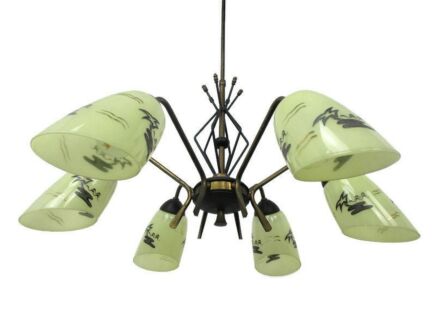 Mid Century Spider Chandelier 6 Lights Arms Wrought Iron Glass Shades Palmtrees