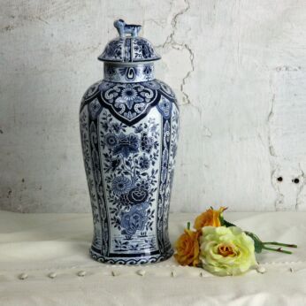 Small Vintage Delft Lidded Vase Urn Marked Blue White Foo Dog 12.99"