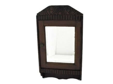 Kitchen Apothecary Medicine Pharmacy Bathroom Wall Cabinet Hand Carved Wood Beveled glass Mirror Ornate Pediment Barn Country Style