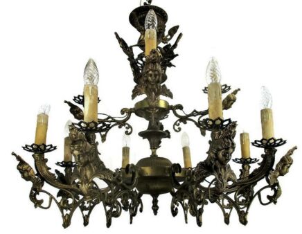 Large French Impressive 12 Arms Lights Castle Medusa Chandelier Lion Heads HTF