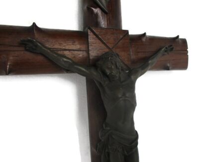 L Hanging Crucifix Cross Corpus Christi Jesus Christ Hand Carved ornate Wood Brass gorgeous Corpus Chapel 27.55"