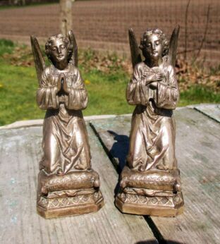 Antique Couple Pair Art Silver Brass angels Kneeling Beautiful Figurine Statue