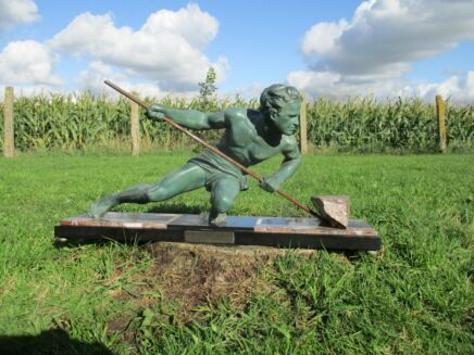 Large Antique French Art Deco Sculpture Statue man Working Bronze look Marble WOW
