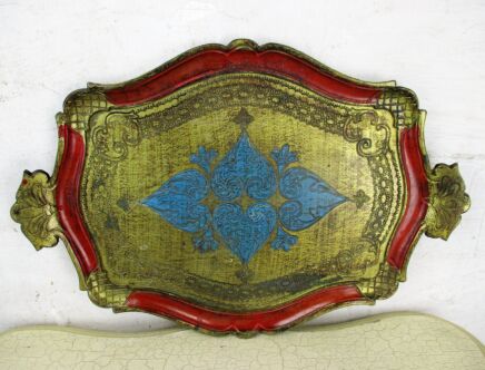 L Mid Century Hollywood Regency Florentine Serving Tray Red Blue Gold Resin