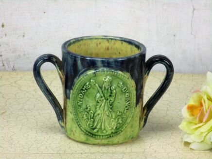 Our Lady Notre Dame D'Orval Bowl Cup Ceramic Majolica Green Blue 2 Handles HTF