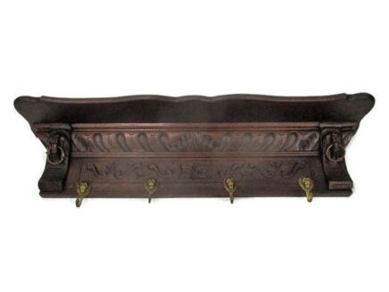 Gorgeous Hand Carved Wood Coat Hat Kitchen Hallway Rack Lion Heads Ornate