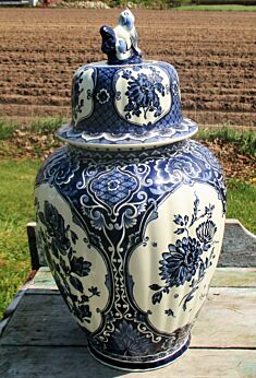 Vintage Boch Belgium Delfts Delft Vase Urn Marked Blue White Foo Dog