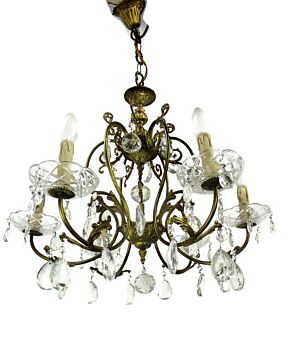 Brass Ornate Chandelier 6 Arms Lights Prisms Waterfall Hollywood Regency Empire