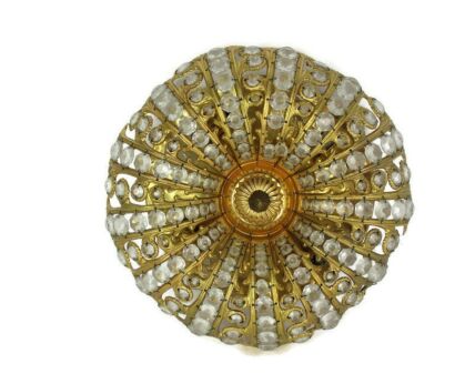 Beaded French Crystal Flush Mount Shade Plafonière Ceiling Fixture Amber Clear