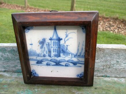 Antique 18th C. Delft Tile Dutch Blue White Church House Framed