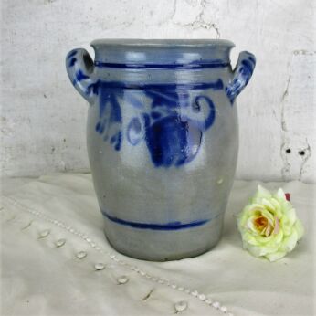 Antique French Stoneware Earthenware Crock Jar Lard Cobalt gray Decorative 9.44"