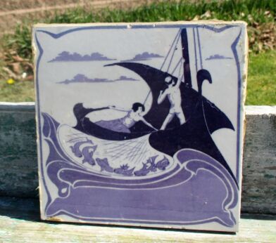 Very rare Boch Freres La Louviere Wall Tile Purple Men on boat Fishermen