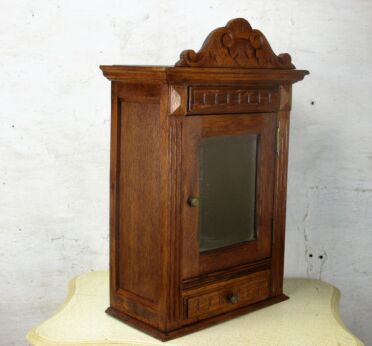 Ornate Wood Medicine Wall Cabinet Apothecary Beveled Glass Mirror Pediment