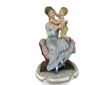Bisque Porcelain Polychrome Statue Figurine Mother and Child Victorian Style