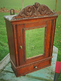 Antique French Carved Wood Medicine Bathroom Wall Cabinet mirror Drawer
