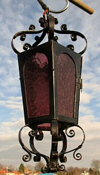 Antique Gothic Ruby Red Cranberry Glass Wrought Iron Lantern Chandelier