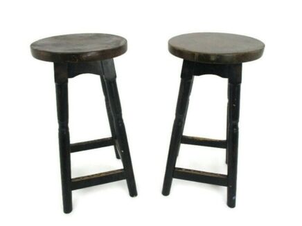 Pair Couple Bar kitchen Stools Chair Tabouret Crutch Plant stand Pedestal Wood Hobnails Vintage
