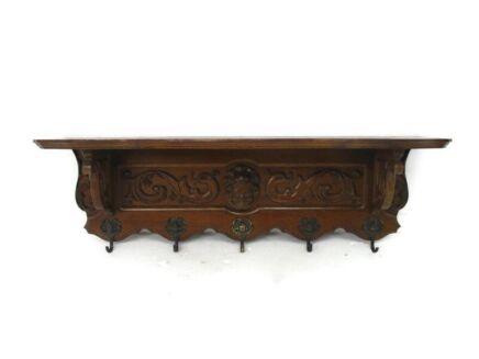 Hand Carved Wood French Oak Wall Shelf Coat Kitchen Rack Breughel Style 50s