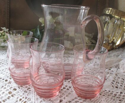 Pink Depression Glass Set Decanter 4 Water Glasses Romantic Art Deco