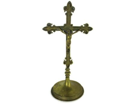 Antique Brass  Jesus Christ Standing Table Cross Crucifix Ornate Art Deco French Fleur de Lis
