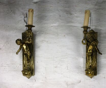 Pair Couple Wall Sconces Cherub Putti Eros Angel Ornate Brass Stunning Marked