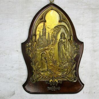 Vintage Wall Plaque Resin Wood Notre Dame de Lourdes French Palais Rosaire