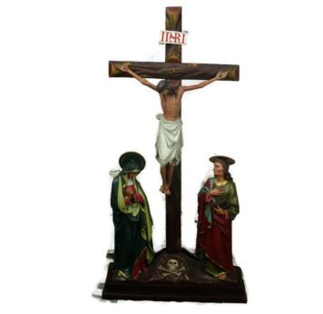 XXL Church Quality 19th C Plaster Calvary Group Crucifix John Mary Magdalene