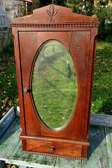 Antique Carved Wood medicine bathroom Wall Cabinet Oval Beveled mirror Apothecary