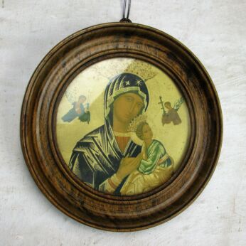 Lovely Round Wood picture frame Wall hanging iconic Print Virgin and Infant