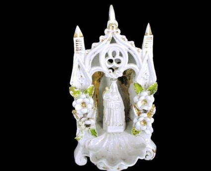 French Standing Holy Water Font Vessel Bisque Porcelain Virgin & Infant Madonna Collector HTF