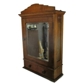 Large Oak Kitchen Apothecary Wall Cabinet Beveled Glass Mirror 2 Drawers Lovely