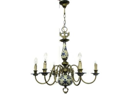 Delft Blue White Porcelain Ornate Brass Chandelier Eagle 6 Arm 6 Lights Country
