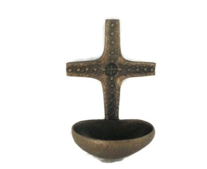 Small Vintage Bronze Holy Water Font Vessel Religious Wall Hanging Crucifix