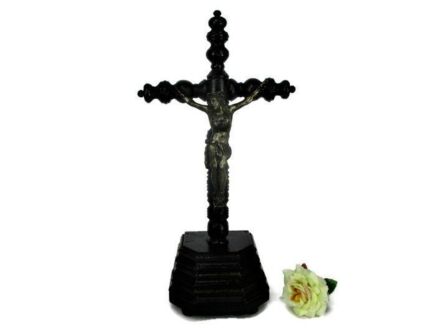 Antique Dark Carved wood Table Standing Crucifix Round Base Spelter Corpus 17.71"