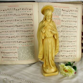 Plaster Vintage Statue Jesus Christ Holy Sacred Heart Signed Belgium Cream 12"