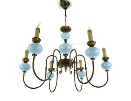 Baby Blue Art Glass Brass Chandelier Hollywood regency Romantic 6 Arm Lights