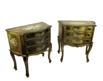 Couple Pair Chest of Drawers Florentine Wood Nightstand End Table Hall Cabinets Gold Gilded White