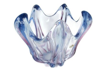 Italian Cranberry Blue Bowl Dish Centerpiece Murano Seguso Art Glass Modernist
