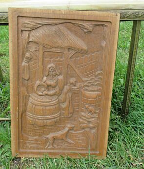 Vintage Carved Wooden Wall Panel Breughel Style Decorative Washday