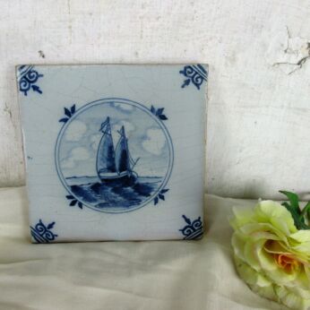 Antique 18th C - 19th C Delft Tile Marked Dutch Blue White Sailing Boat